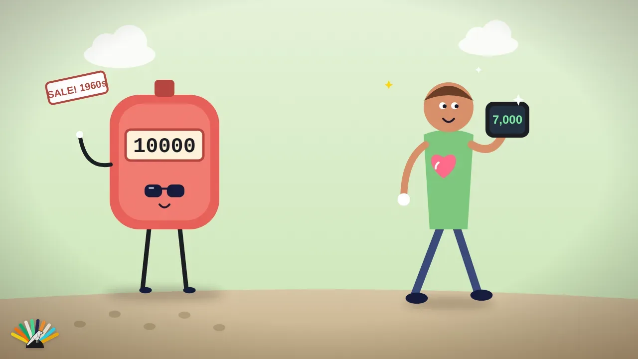 Cartoon: a smug retro pedometer showing 10000 next to a happy walker whose watch shows 7,000