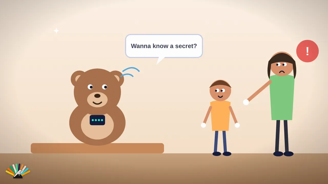 Cartoon: a talking teddy bear asks a child 'wanna know a secret?' while a worried mum reaches in