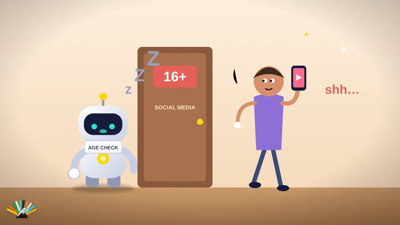 Cartoon: a sleepy age-check robot snoozes by a 16+ door while a teen tiptoes past with a phone
