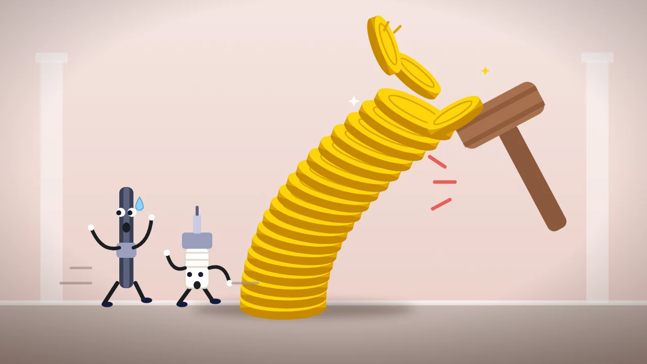 Cartoon: a judge's gavel knocks over a tower of gold coins while a wiper blade and a spark plug run away