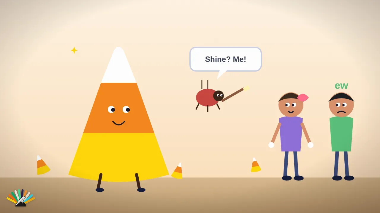 Cartoon: a giant candy corn, a tiny bug with a glaze brush, one kid in love and one saying 'ew'