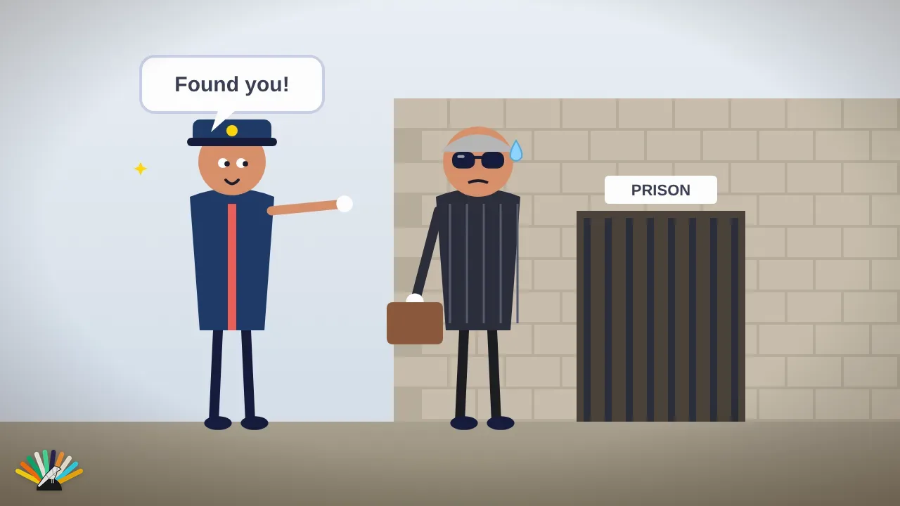 Cartoon: a sweating mob boss with a suitcase outside a prison gate as a police officer says 'found you!'