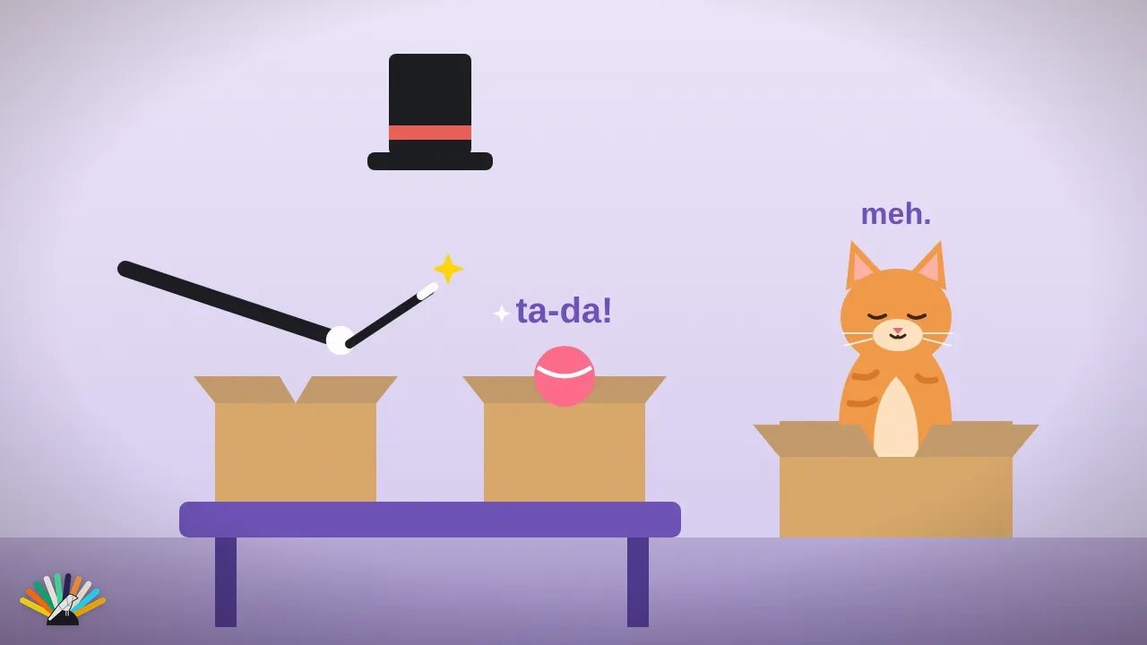 Cartoon: a magician makes a ball appear from a box while a ginger cat in its own box looks unimpressed