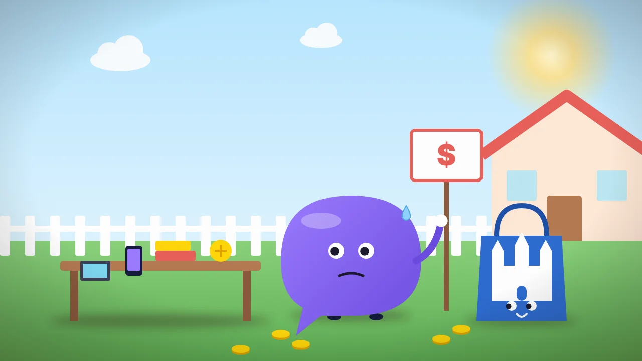 Cartoon: a chat bubble character holding a for-sale sign at a yard sale