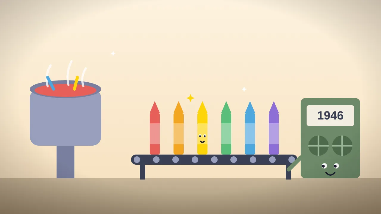Cartoon: crayons riding a conveyor belt from a pot of melted wax to a smiling 1946 labelling machine