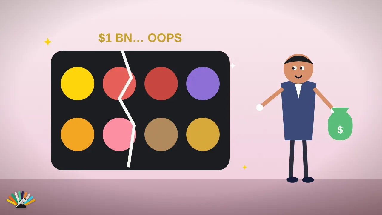 Cartoon: a cracked giant makeup palette and a smiling investor with a money bag
