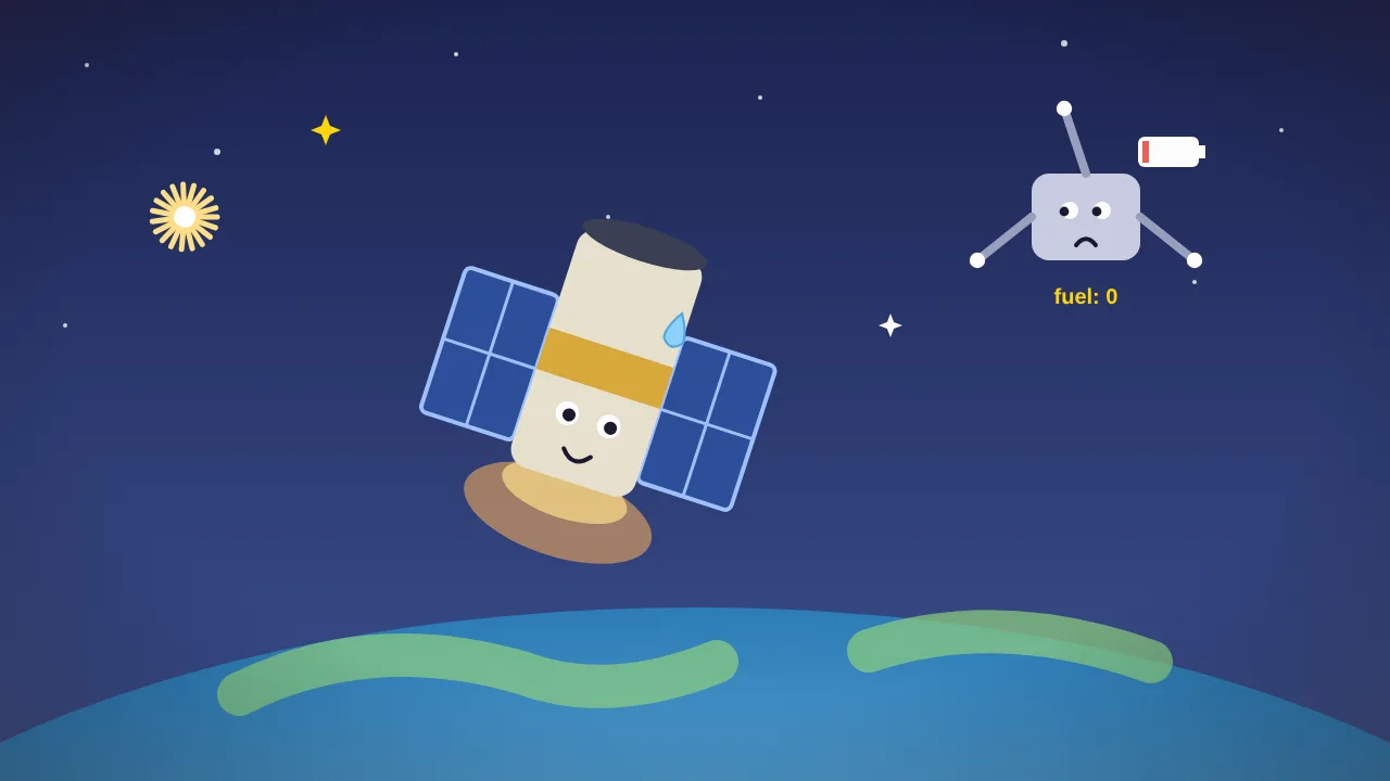 Cartoon: a sweaty space telescope glowing as it falls toward Earth, a sad rescue robot out of fuel nearby