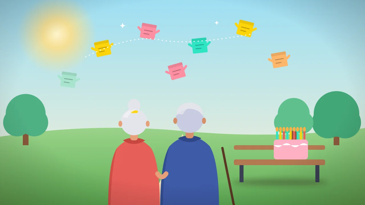 Cartoon: an elderly couple in a park with sticky notes floating like butterflies