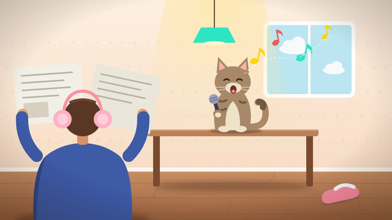 Cartoon: a cat sings into a tiny microphone while a man pretends not to hear